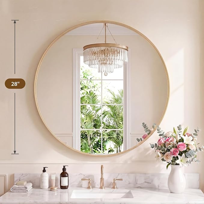 NEWBULIG 28-Inch Round Wall Mirror, Bathroom Wall Circle Mirror with Metal Frame, Bathroom Decor for Entryway, Living Room, Vanity, Gold