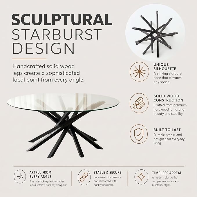 Round Glass Coffee Table-Mid Century Modern Coffee Table with Clear Glass Top&Solid Wood Mortise Interlocking Starburst Legs Design for Living Room,Office,Hotel Lobby,Commercial Environments