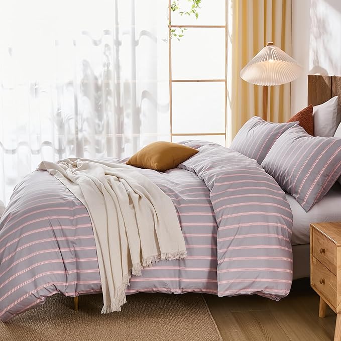 Merryword 100% Cotton Duvet Cover Set Queen Size - Gray and Pink Striped Bedding Set with Zipper & Corner Ties, 3-Piece Luxury Linen Like Bedding Set for All Seasons