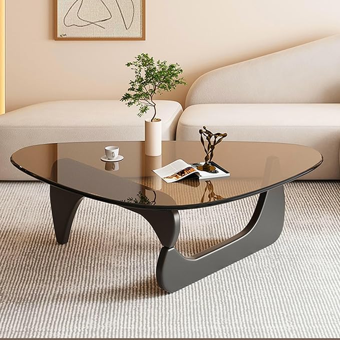 Mid-Century Modern Coffee Table,Tempered Glass Top & Natural Wood Base Triangle Coffee Table for Living Room,Small Space,Office Abstract End Tables (Black/Brown, Medium 35.8 * 25.5 * 16in)