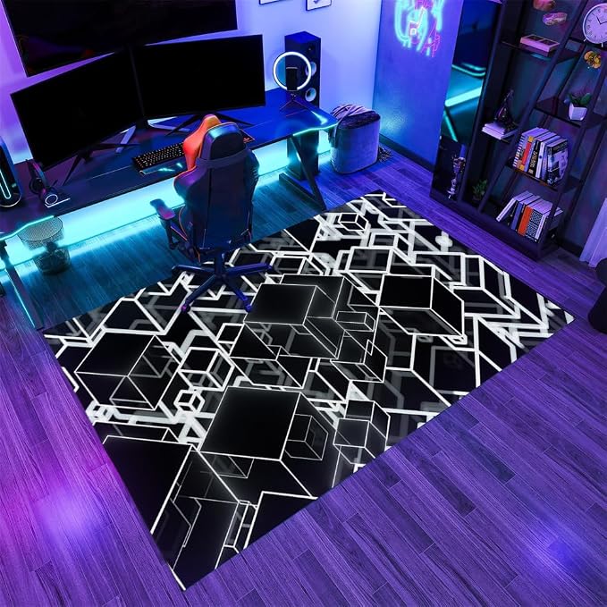 3D Geometric Area Rugs, Black White Block Pattern Carpet, Washable Non Slip Low Pile Soft Rug for Living Room Bedroom Decor Mat 6x9ft