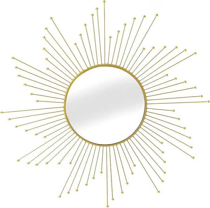 Large Gold Sunburst Mirror - 31" Starburst Wall Mirror with 12" Round Glass, Mid-Century Modern Elegant Gold Sun Mirrors for Living Room, Bedroom, Entryway Decor