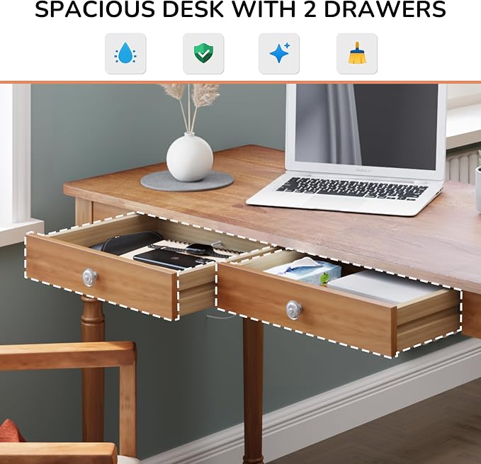 Vintage Solid Wood Writing Desk - 48" W Large Secretary Desk with 2 Drawers, Mid Century Modern Computer Desks with 2 Hooks, Writing Vanity Dressing Table for Home Office, Bedroom, Walnut