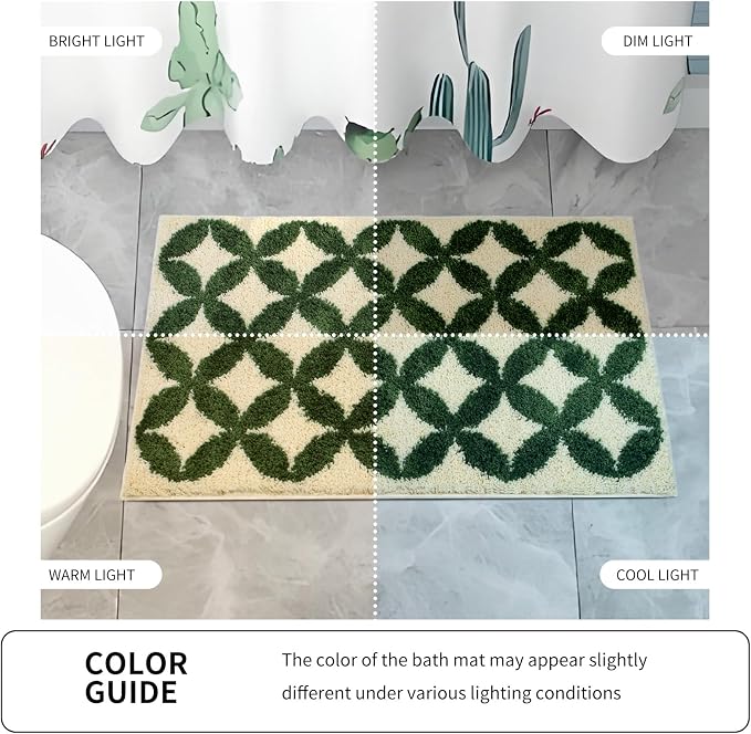 Civkor Green and Cream Bathroom Rug Non Slip Washable, Retro Bath Mat for Bathroom with TPR Backing, Quick Dry Fluffy Microfiber Piles, Super Water Absorbent Thin Bath Rug Fit Under Door, 31x20Inch