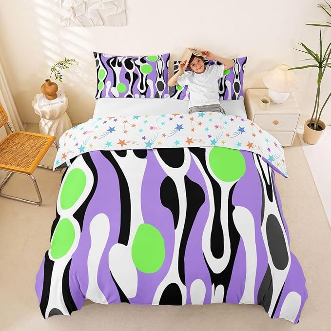 Erosebridal Organic Abstract Duvet Cover Set Modern Contemporary Queen Bedding Set for Kids Boys Boho Mid Century Wavy Lines Comforter Cover Retro Geometric Bed Sets,Purple Green