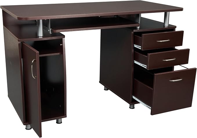 Techni Mobili 48'' W Computer Desk with File Cabinet and Drawers, Storage Cabinet with Removable Shelf and Ventilation for CPU, Home Office Desk or Computer Workstation with Keyboard Tray, Chocolate