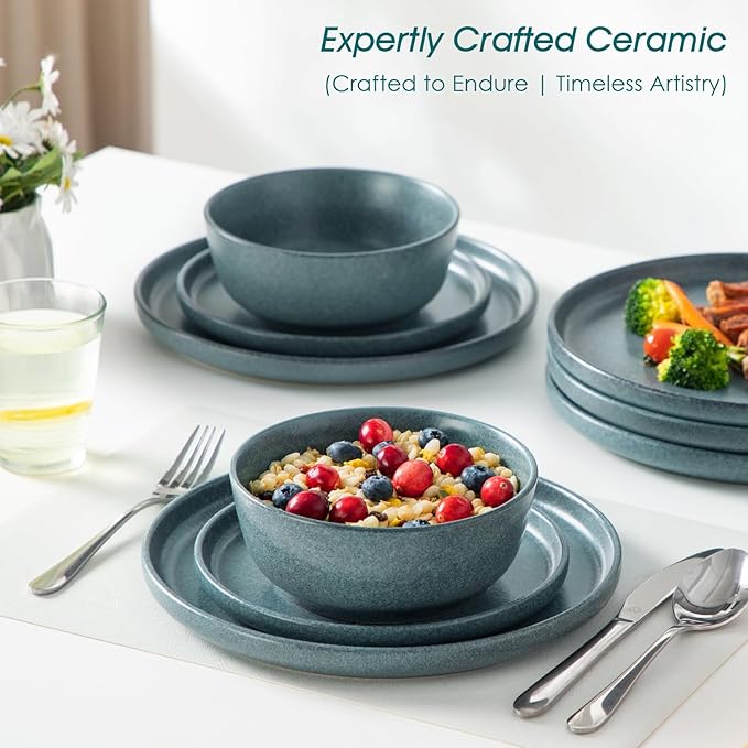 vancasso Plates and Bowls Sets, 18 Pieces Stoneware Dinnerware Set for 6, Ceramic Dish Set for Kitchen, Microwave and Dishwasher Safe, Smoky Teal, Series ZERMATT
