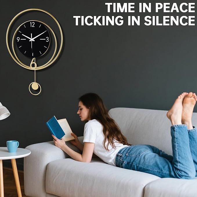 Decorative Wall Clock, Silent Non-Ticking Quality Quartz Battery Operated with Pendulum, Large Wall Clock for Living Room Kitchen Home Bathroom Bedroom Wall Decor, 13x17Inch(Black)
