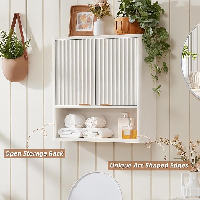 LEYAOYAO Fluted Bathroom Wall Cabinet, Wall-Mounted Medicine Cabinet with Adjustable Shelf & Doors, Farmhouse Floating Over The Toilet Storage Cabinets for Laundry Room, Kitchen, Living Room (White)