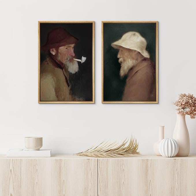 IDEA4WALL Framed Canvas Print Wall Art Set Vintage Old Fishermen Portrait Rustic Illustrations Modern Art Decorative Bohemian Calm/Zen for Living Room, Bedroom, Office - 24"x36"x2 Natural