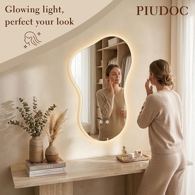 20×32 Irregular Backlit Mirror Asymmetrical Bathroom Mirror with Lights LED Dimmable Mirror for Bathroom Makeup Area