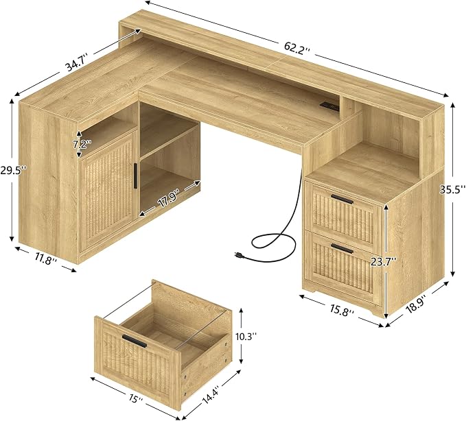 TVU Farmhouse L Shaped Desk with Drawers, 62.2" Home Office Desk with Storage Shelves and Power Outlet, L Shaped Computer Desk with Monitor Stand and Printer Shelf, Oak