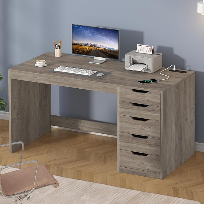 YOMILUVE 47 Inch Computer Desk with 5 Drawers and Power Outlets, Home Office Desks with Storage File Cabinet, Modern Simple Laptop Desk Writing Table for Small Spaces, Grey
