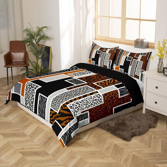 Erosebridal Brown Black Grey Leopard Toddler Bedding Set African Animal Leopard Skin Print Duvet Cover Cheetah Zebra Wildlife Comforter Cover for Kids Teen Adults,Geometric Stripes Patchwork Bed Set