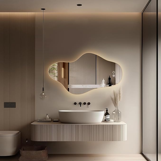 Modern Irregular LED Bathroom Mirror with Lights, Asymmetrical Frameless Smart Lighted Wall Mirror for Living Room Entryway, Large Decorative Makeup Vanity Mirror with Touch Switch(24.8″x43.3″)