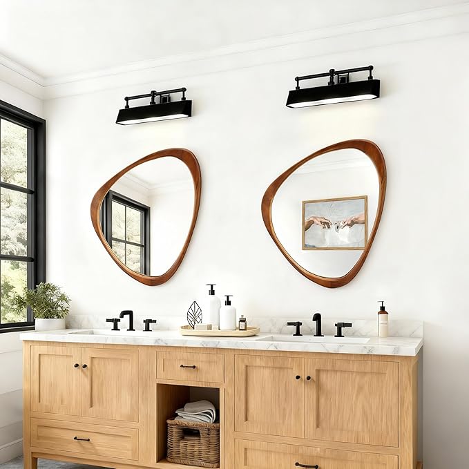 Asymmetrical Mirror, 24"x19" Unique Irregular Wall Mirror, Wood Mid Century Modern Mirror Decor for Bathroom Bedroom Living Room Entryway Hallway (Natural Wood)