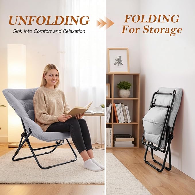 Furlide Comfy Dorm Chair - Oversized Folding Saucer Chair with Soft Faux Fur, Metal Frame, for Bedroom, Living Room, Balcony, Patio, Study, Playroom (Grey)