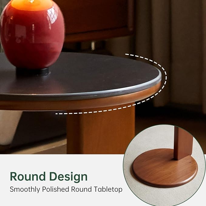YESWOOD Round Coffee Table, Wood Coffee Table Side Table with Sintered Stone Top, Mid Century Morden Table,Small Coffee Table Living Room Table for Bedroom Balcony Living Room (31.5" D x 13.8" H)