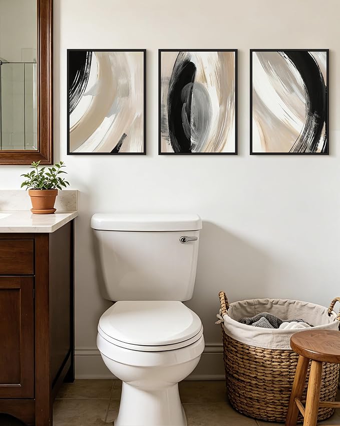 KUVIOKE Modern Abstract Framed Wall Art Black Neutral Minimalist Ink and Wash Graffiti Pastel Wall Decor for Bedroom Living Room 12x16in (Black Framed)