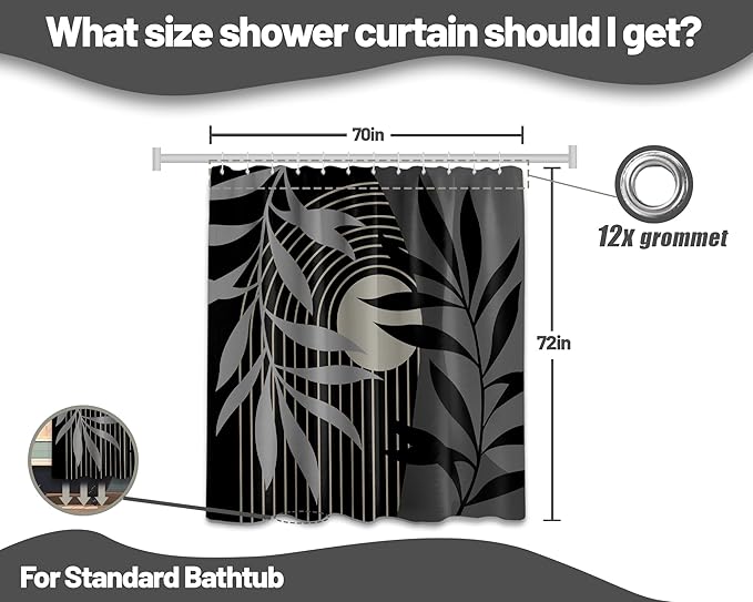 Boho Black and Grey Shower Curtain, Mid Century Modern Black and Gray Shower Curtains for Bathroom, Waterproof Fabric Set with Hooks, 70" W x 72" L