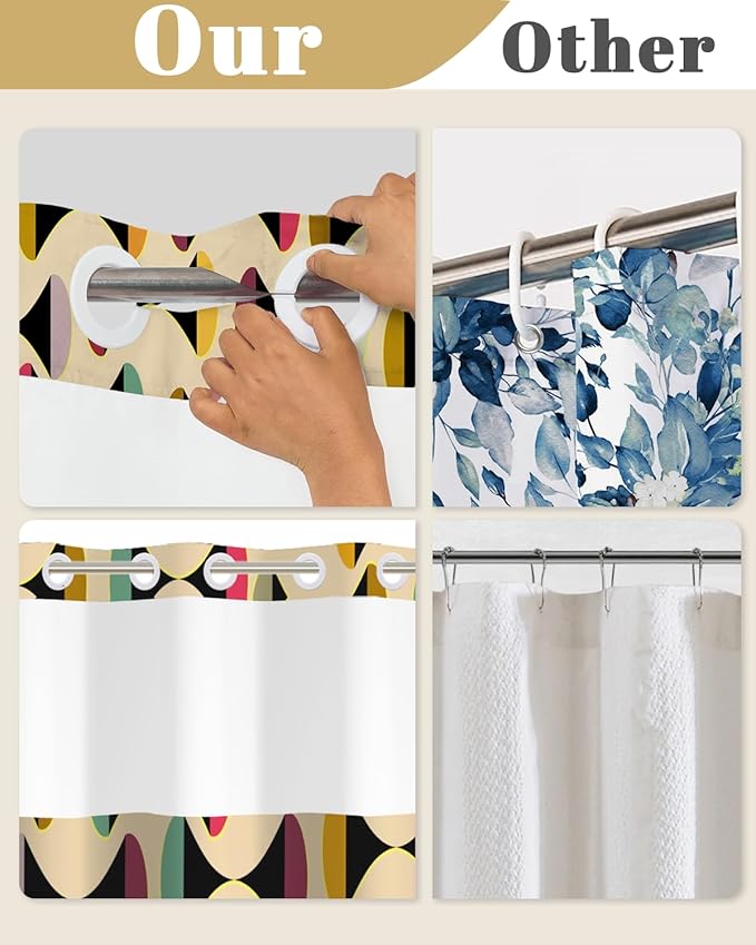 No Hook Shower Curtain with Snap in Liner Set, Mid Century Modern Geometric Abstract Print Shower Curtains for Bathroom, Waterproof Bath Tub Curtain with Mesh Top, 71W x 74H
