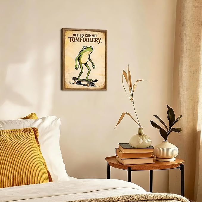 Funny Frog Skateboard Wall Art Cute off to Commit Tomfoolery Signs Wall Decor Painting, Funky Frog Animal Poster Canvas Print Picture for Living Room Bedroom 16x24 inch Wood Framed