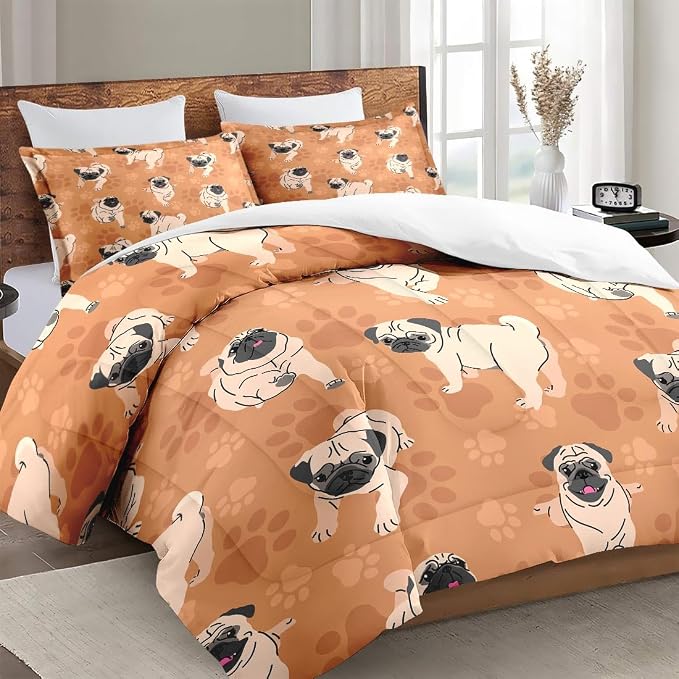 Comforter Set with Pillowcase Twin Size, Cute Brown Pug Dog Lover, Bed Decor Happy Puppy Animal Paws Gift for Kids and Adults, Soft Cozy Bedroom Bedding Set