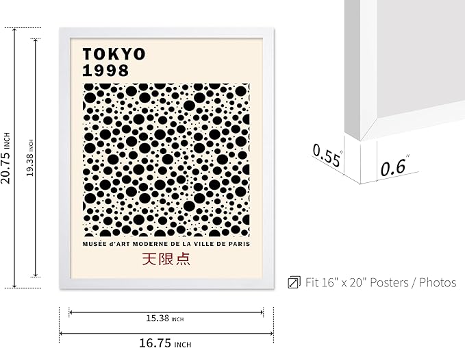 Poster Master Vintage Poster - Retro Pop Art Print - Gift for Artist, Friend - Black Dots, Tokyo, Ville de Paris, Modern, Abstract - Wall Decor for Home, Office, 16x20 White Framed