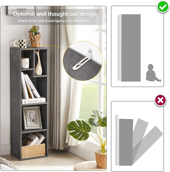 VECELO 4-Tier Bookcase, Modern Storage Cabinet with Height Difference Shelves for Standard Textbooks, 5 Cubes, Vertical or Horizontal, Easy Assembly, Grey