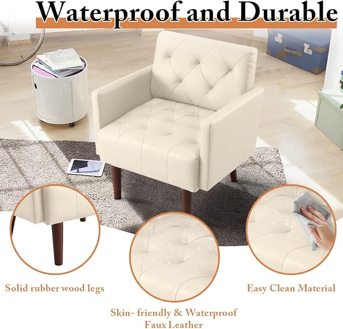 Faux Leather Accent Chair, Modern Retro Arm Chair for Living Room and Bedroom Tufted Upholstered Sofa Club Chair Comfy Armchair for Small Spaces Bedroom Office (Beige)