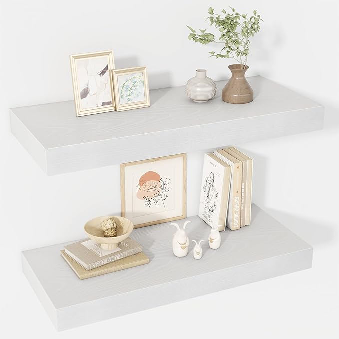 24 Inch Floating Shelves, 12" Deep Floating Shelf Wall Mounted, 24" Wall Shelves, Rustic Deep Bookshelf, Extra Deeper & Thicker Display Shelves for Bedroom, Living Room, White, Set of 2