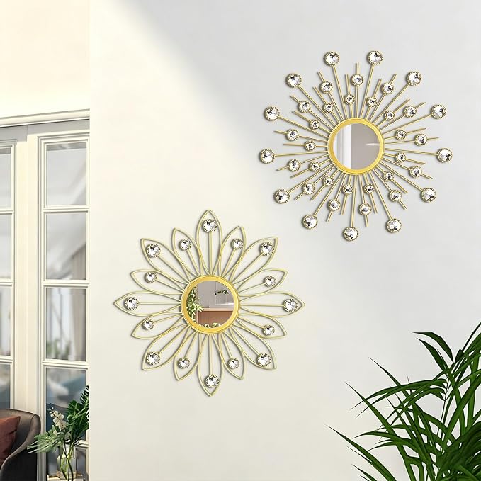 2 Pack Metal Mirrors for Wall Boho Sunburst Wall Mirror Home Decor Modern Decorative Wall Art for Bedroom Living Room Entryway