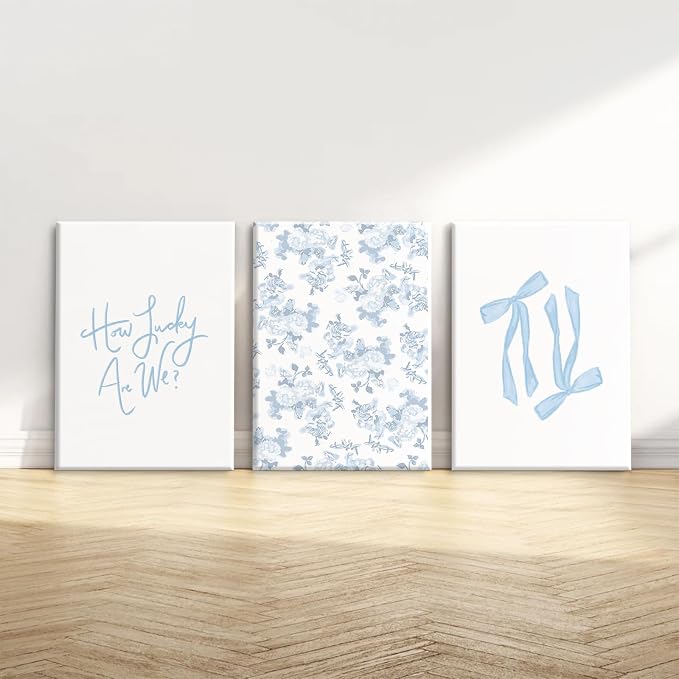 Blue Bow Wall Art Floral Canvas Wall Decor Coquette Flower Wall Art Trendy Aesthetic Poster Girly Preppy Pictures Blue Floral Prints for Living Room Bathroom 16x24 Inch Framed Set of 3