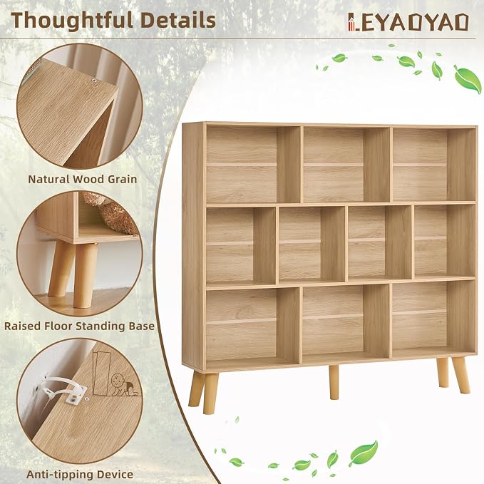 LEYAOYAO 10 Cube Bookshelf,3 Tier Modern Wide Bookcase with Legs,Mid-Century Wood Bookshelves Storage，Light Wood Large Book Case,Freestanding Organizer Display Shelf for Bedroom,Living Room,Office