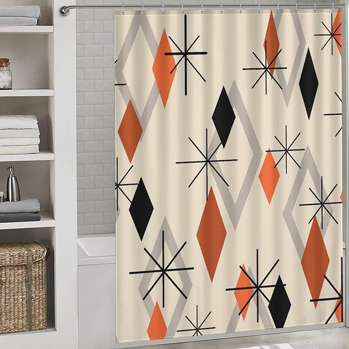 Geometric Modern Shower Curtain for Bathroom, Orange Mid Century Atomic Abstract Pattern 1950s 1960s Retro Vintage Style Waterproof Fabric Shower Curtain Set with Hooks, 72"x84" Inch