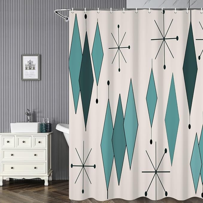 Mid Century Turquoise Shower Curtain Abstract Teal Diamond Geometric Atomic Starburst Pattern Beige Backdrop for 1950s Retro Bathroom Decor Shower Curtain Set with 12 Hooks, 69x70 Inches