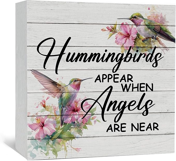 Hummingbird Decor, Hummingbird Gifts For Women, Hummingbirds Appear When Angels Are Near Wooden Box Signs, Farmhouse Floral Bird Wood Decoration Home Decor For Desk Table Shelf 5x5 Inch