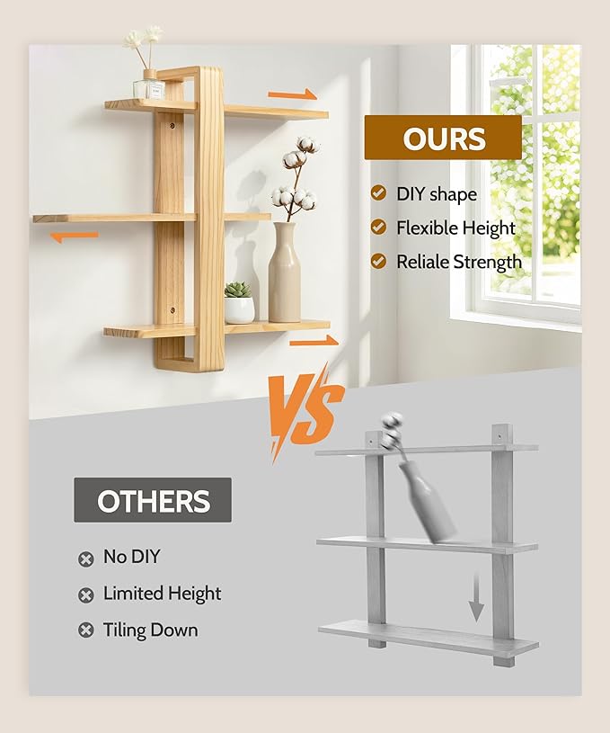SUMGAR Floating Shelves for Wall Wood Mounted Shelving Unit All Pine Natural Wooden 3 Tier Large Shelf for Bedroom Living Room Office Bathroom Home Decoration Storage Plant Photo Display Modern 20in