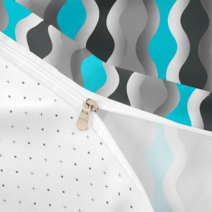 Turquoise Duvet Cover Geometric Retro Bedding Set Teal Blue Grey Black Stripe Comforter Cover for Boys Girls Kids Teens Bedroom Decor Mid Century Modern Decor Bed Set Queen Size 3Pcs (No Comforter)