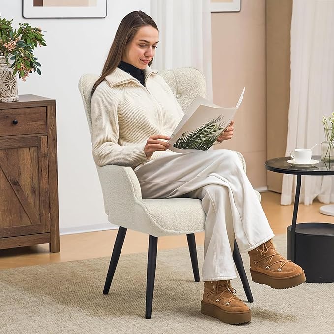 Furniliving Boucle Accent Chair for Living Room, Upholstered Reading Chair with High Backrest, Tufted-Button Wingback Armchair for Bedroom, Dressing Room, Home Office, Ivory White, Set of 2