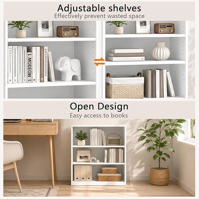 Wooden 3-Tier Bookshelf, Adjustable Open Storage Shelf Unit, 31.5" Tall Bookcase（White）