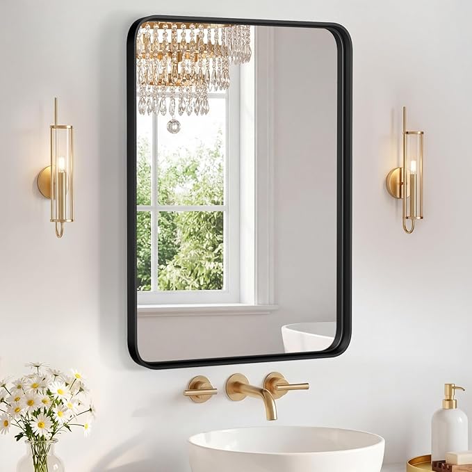 NEWBULIG 20X28 Inch Bathroom Mirror for Over Sink, Wall Vanity Mirrors Tempered Glass, Anti-Rust Metal Framed Rounded Rectangle, Hangs Horizontally or Vertically, Farmhouse Home Decor, Black