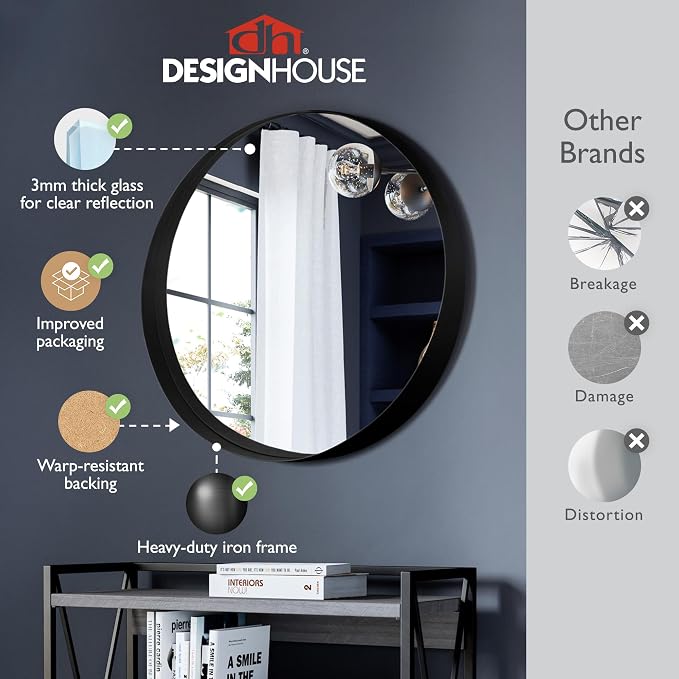 Design House 36-Inch Violette Wall Mirror – Round Mirror with Black Iron Metal Frame – Midcentury Modern Design for Entryway, Vanity, Living Room, Bathroom, 589887