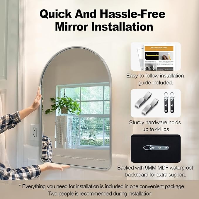 ANDY STAR Brushed Nickel Arched Mirror, 26x38’’ Arched Bathroom Mirro for Wall in Tube Metal Frame, SUS304-Anti-Rust, 1’’ Deep Set Wall Mounted Vertical
