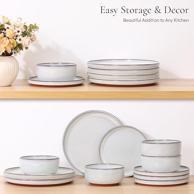 E-far Stoneware Dinnerware Sets for 6, 18 Pieces Reactive Glaze Plates and Bowls Sets, Elegant Dishes with Rustic Terracotta Clay Base, Dishwasher & Microwave Safe, Scratch Resistant, Glacier White
