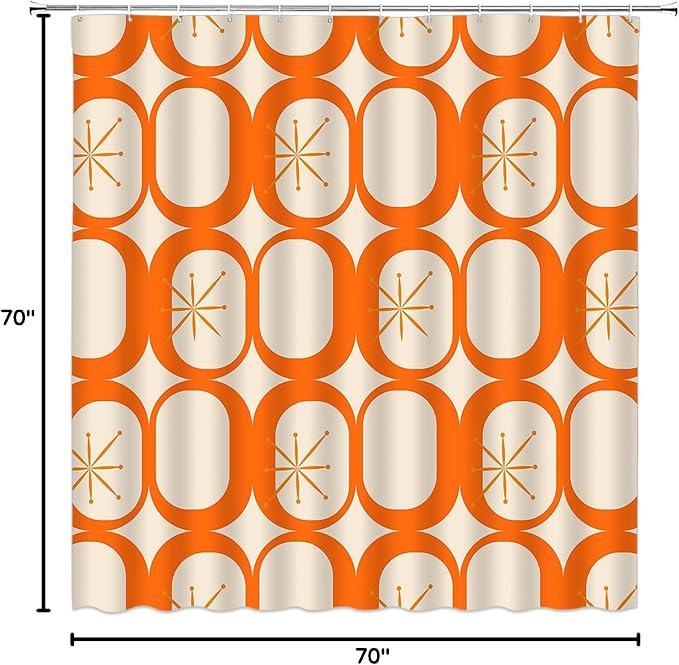Mid Century Modern Shower Curtain Abstract Atomic Geometric Round Squares Retro 50s Orange Fabric Curtain with Hooks for Bathroom Decor,70x70 Inch