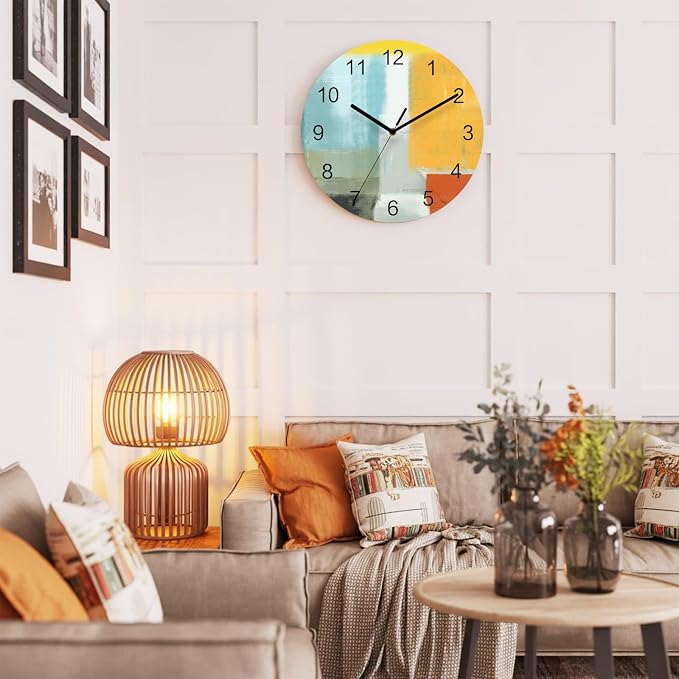 Abstract Painting Art Style Orange Blue Yellow Grey Red Wall Clock Battery Operated Non-Ticking 12" Round Wood Clocks, Kitchen Wall Clock for School Bathroom Living Room Home Office Wall Decor