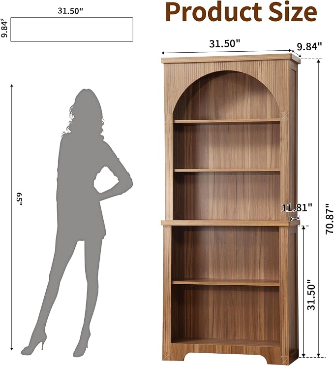 Janmer Home 71'' Tall Arched Bookshelf, Mid Century Modern Curved Bookcase with 5-Tier Storage Shelves, Freestanding Open Display Shelf for Home Office, Living Room (Walnut, 71inch-1PC)