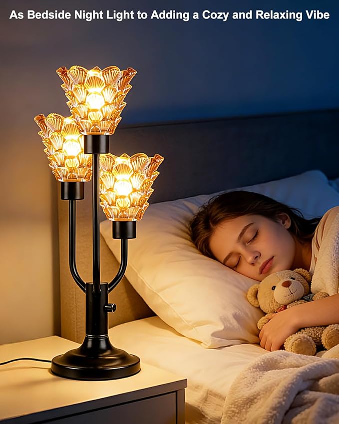 Lightdot Vintage Mid Century Modern Table Lamp for Living Room Dimmable Nightstand Lamp Black Desk Lamp Amber Glass 3 Bulbs Included Warmwhite Ambient Bedside Lamps for Bedroom Home Office Decor Gift