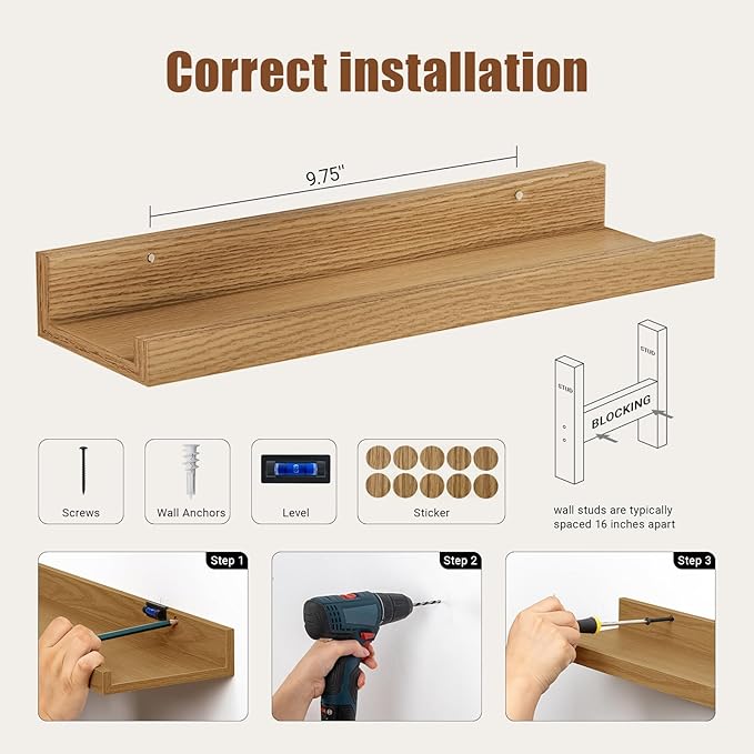 Heimlove 16 Inch Picture Ledge Shelf with Lip Set of 8,Oak Floating Shelves for Wall,Wall Shelves in Varying Depths for Living Room Bedroom Bookshelf Photo Frames Nursery Book Shelves for Storage